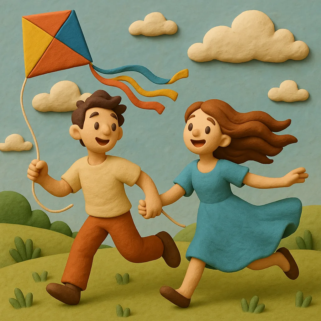 Discover a puzzle with two carefree figures running through rolling green hills while flying a bright, multicolored kite.