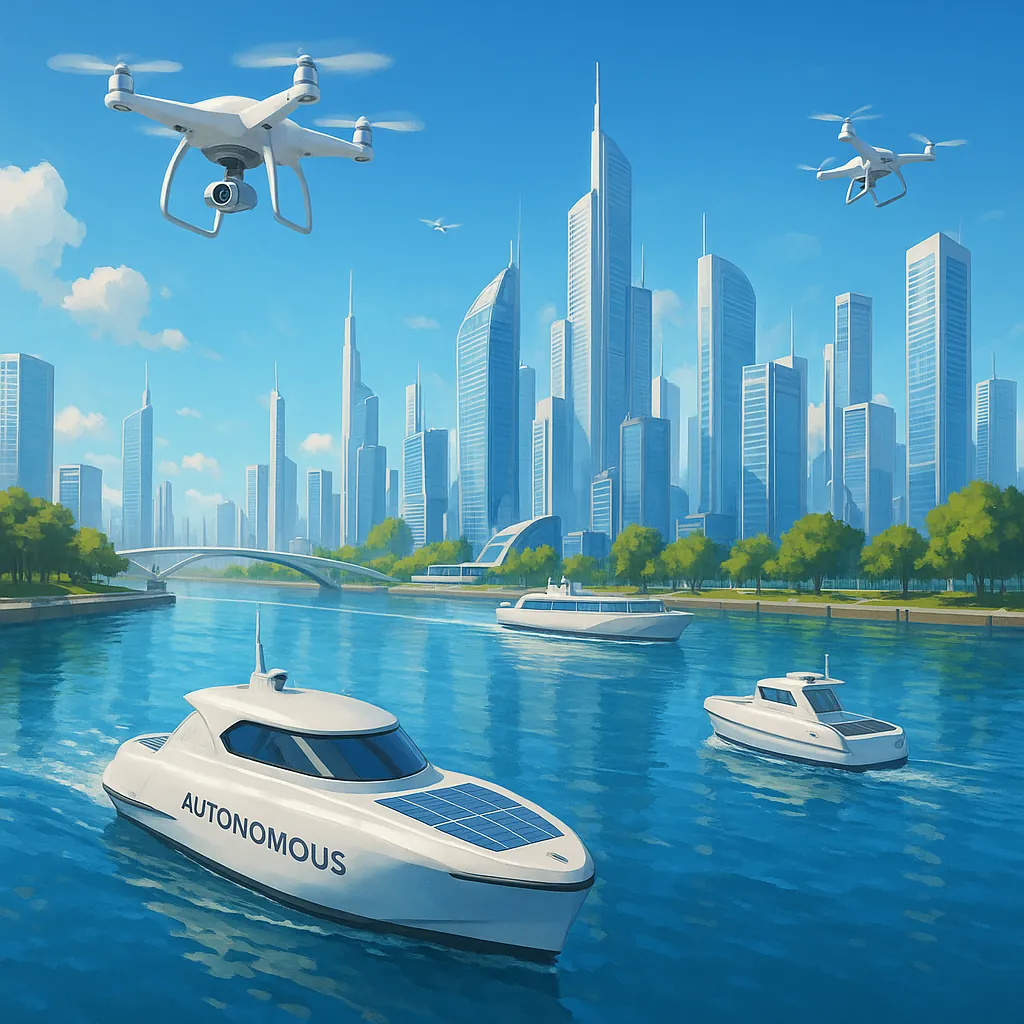 Enjoy an online jigsaw puzzle designed for browser play, featuring a modern cityscape and sleek autonomous boats gliding along a sunlit river.