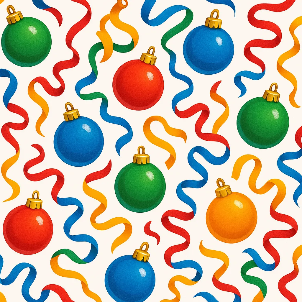 Enjoy an online jigsaw puzzle designed for browser play, featuring a festive holiday scene of colorful Christmas ornaments and curling ribbons.
