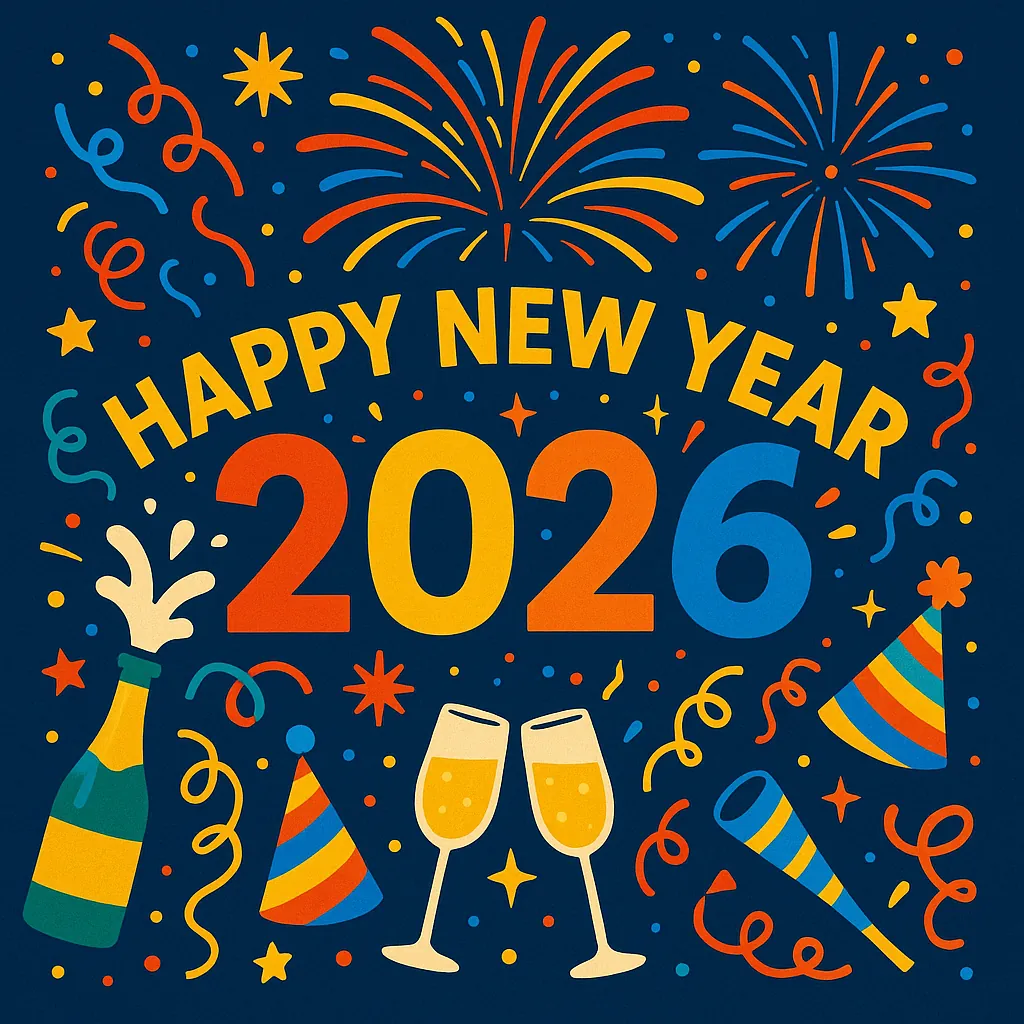 Enjoy an online jigsaw puzzle designed for browser play, featuring a festive New Year celebration theme with bold typography and party icons.