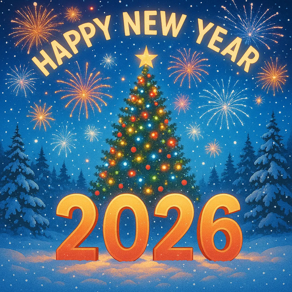 Enjoy an online jigsaw puzzle designed for browser play, featuring a festive New Year holiday scene with a decorated Christmas tree and bold golden 2026 numeral
