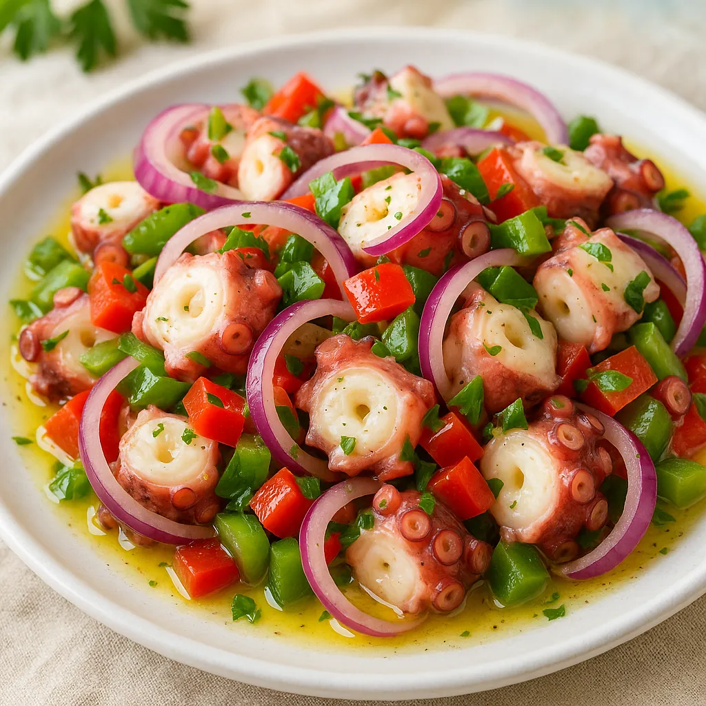 Enjoy an online jigsaw puzzle designed for browser play, featuring a vibrant food scene of a fresh octopus salad.