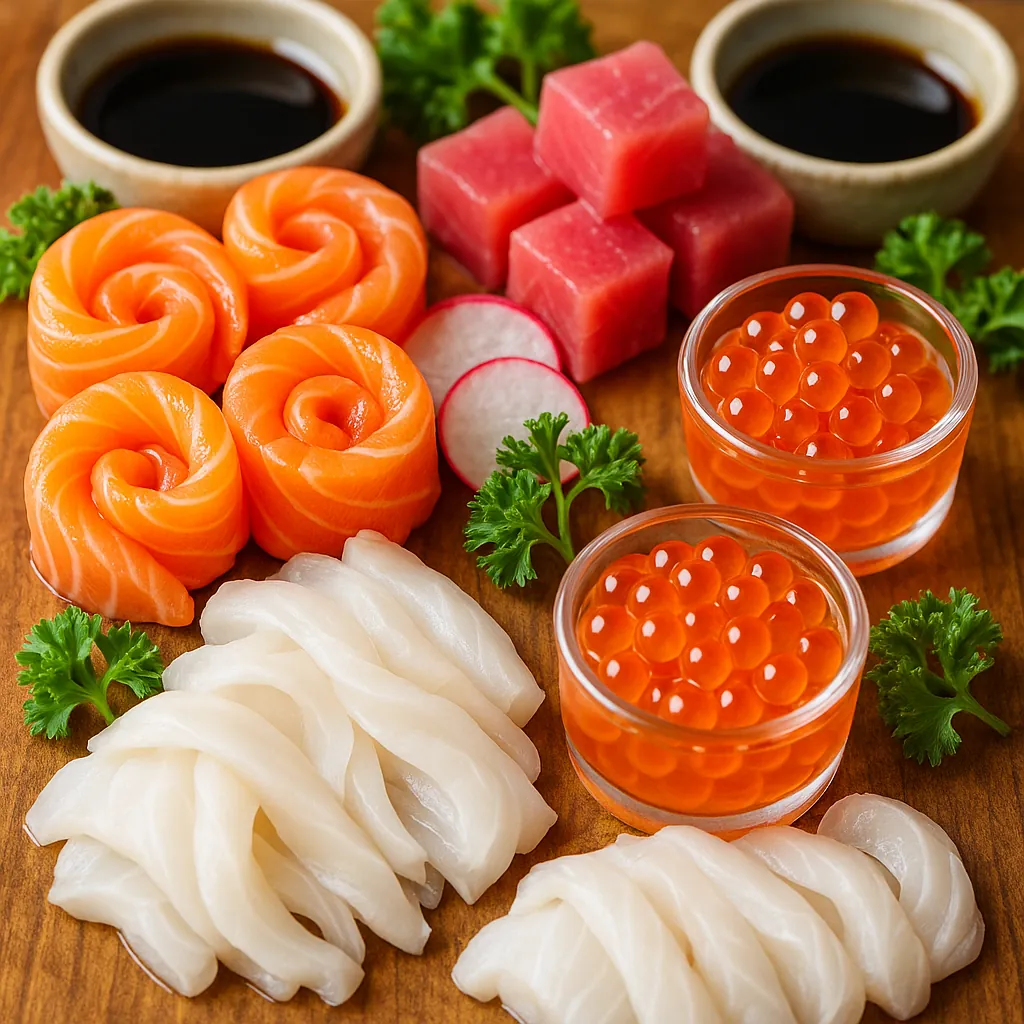 Discover a puzzle with a beautifully arranged sushi and sashimi platter: glossy orange salmon roses, translucent white slices of squid, vibrant ruby tuna cubes,