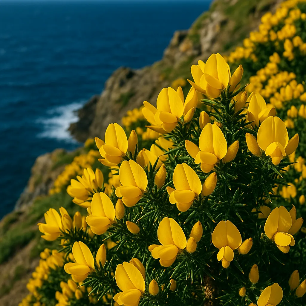 Enjoy assembling a puzzle depicting a sunlit sweep of golden gorse flowers clinging to a rugged coastal cliff, with bright yellow petals set against deep blue o
