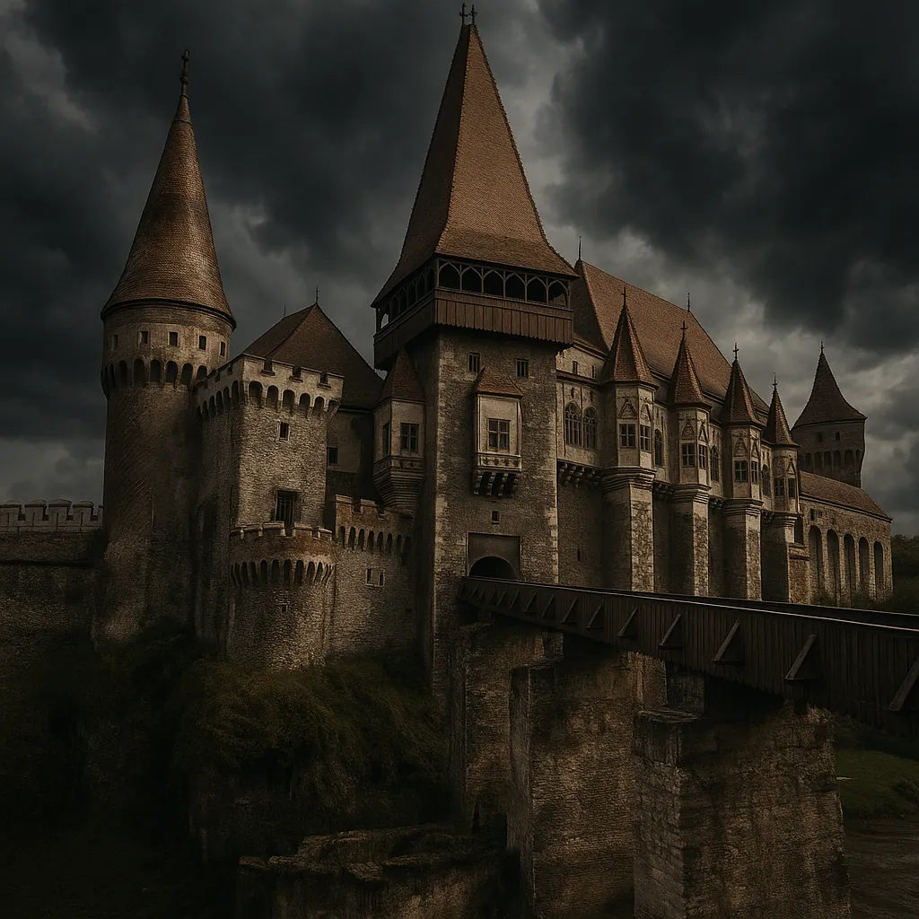 Discover a puzzle with a dramatic medieval castle set against brooding, stormy skies — weathered stone walls, tall conical towers, and a wooden bridge rendered
