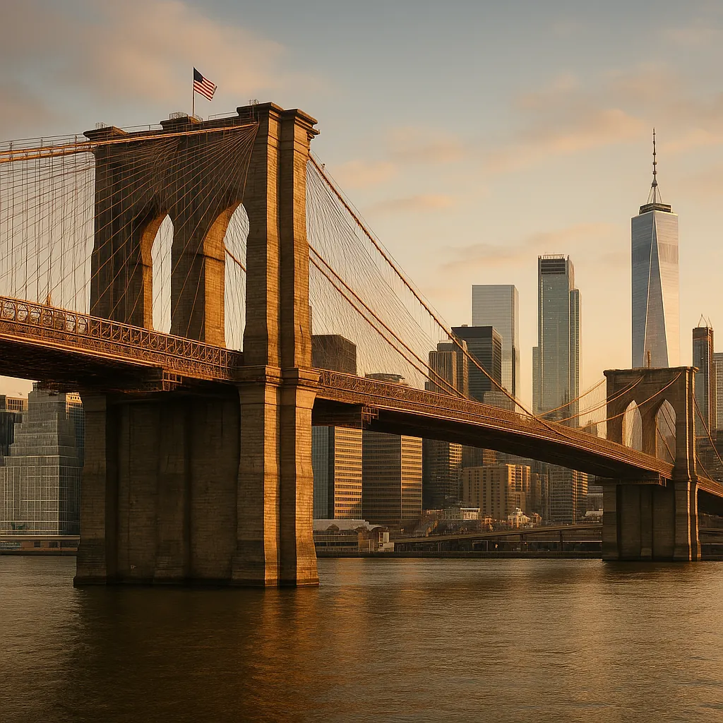 Discover a puzzle with a sunlit view of an iconic suspension bridge stretching across calm waters toward a modern city skyline.