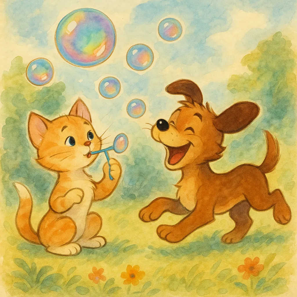 Enjoy assembling a puzzle depicting a watercolor scene of a playful orange kitten blowing iridescent bubbles while a joyful brown puppy prances nearby in a sunn