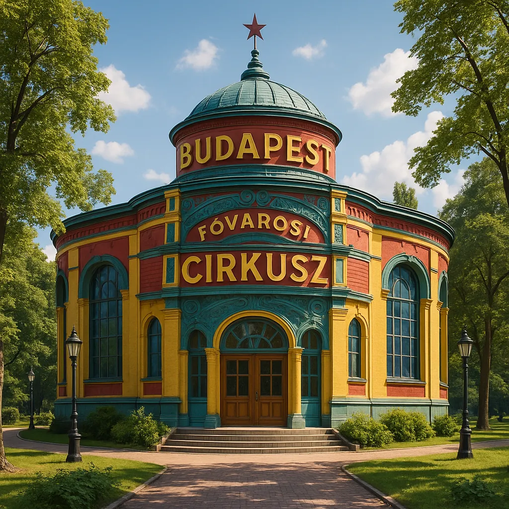 Discover a puzzle with a charming, round circus building crowned with a teal dome and a small red star, proudly labeled "Budapest Fővárosi Cirkusz." Bright, war
