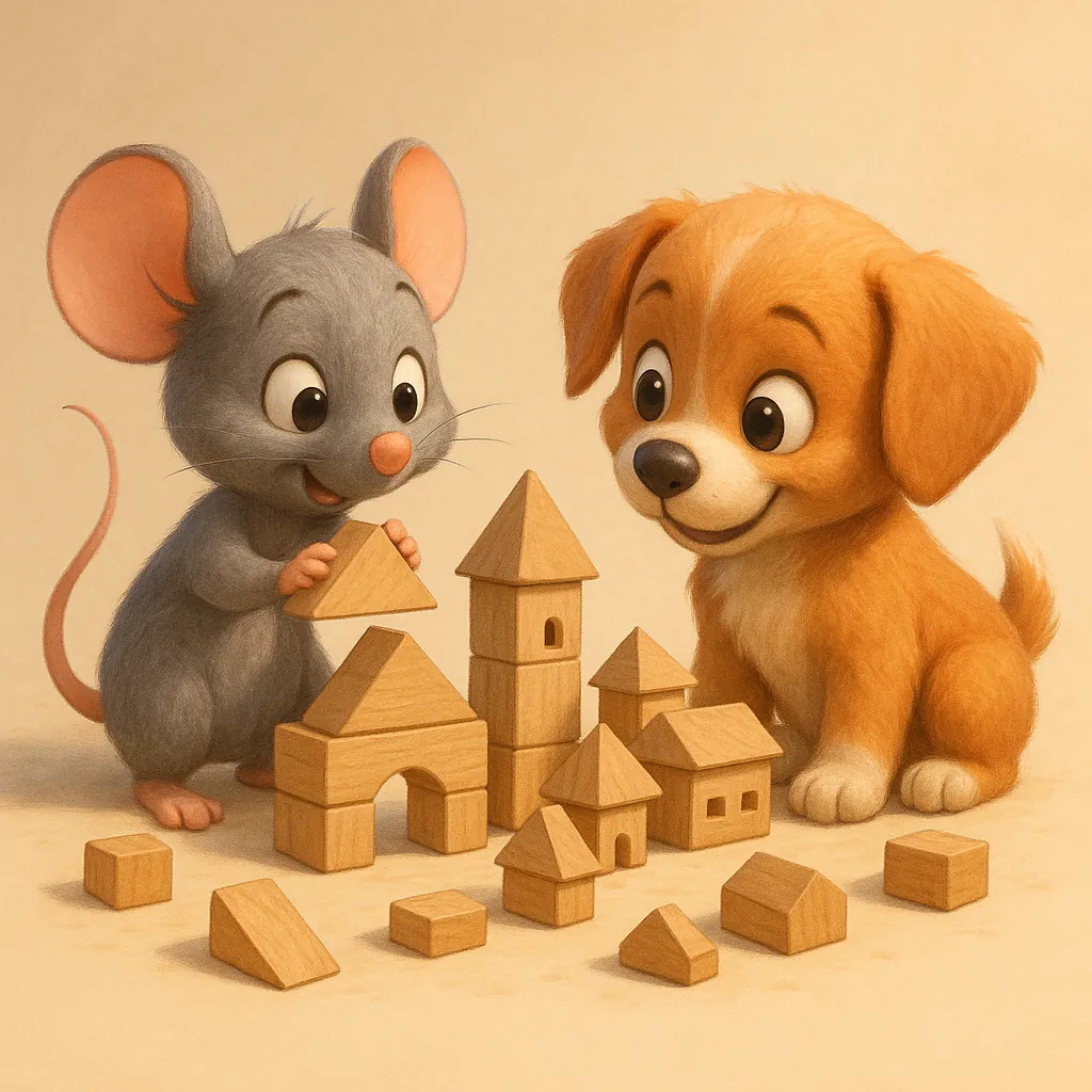 Discover a puzzle with an adorable cartoon mouse and puppy building a tiny village from wooden blocks.