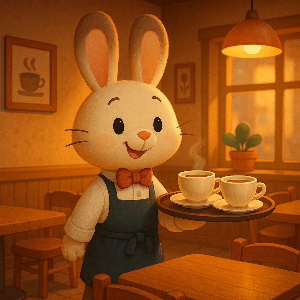 Enjoy assembling a puzzle depicting a charming, soft‑textured illustration of a smiling bunny waiter carrying a tray with two steaming cups in a cozy café.