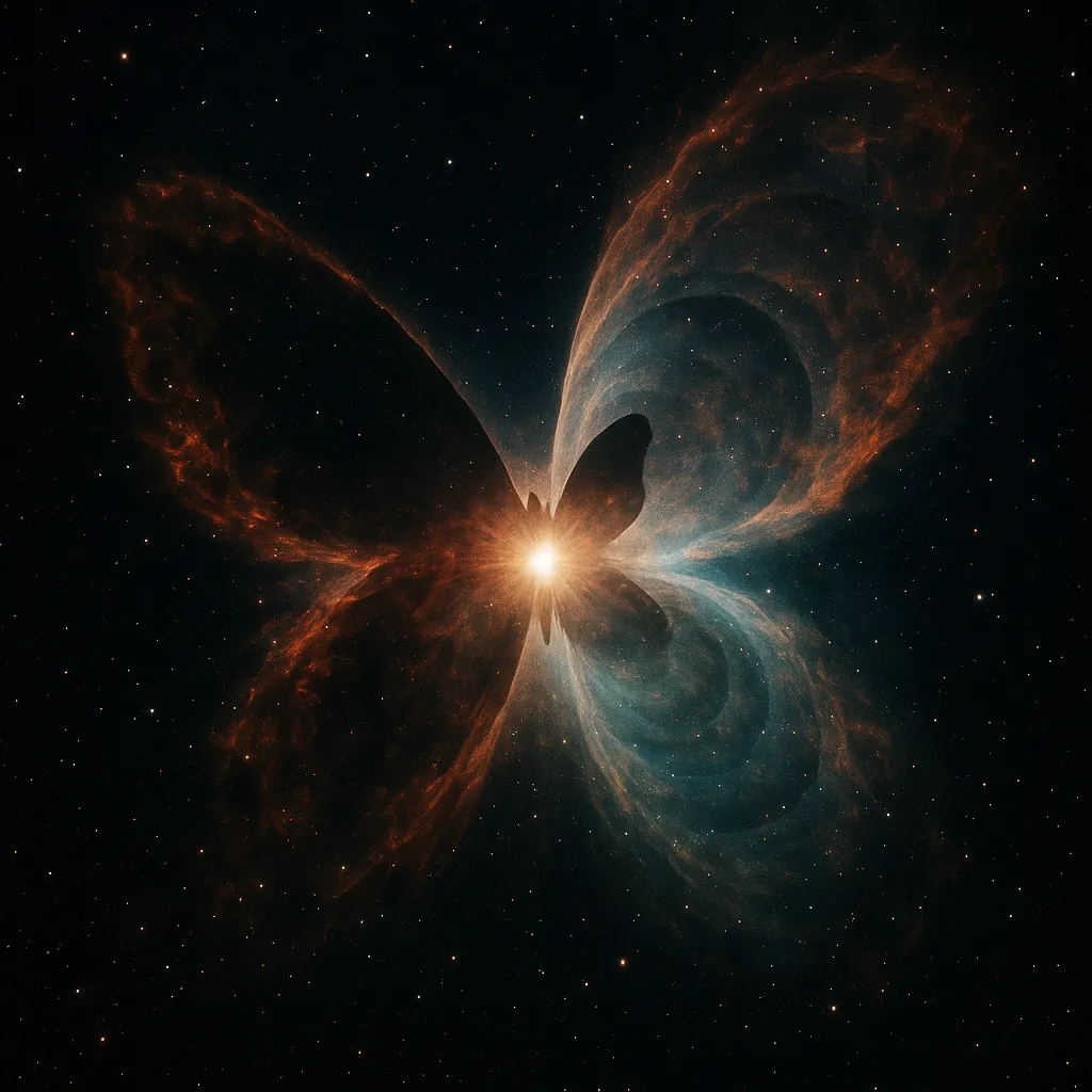 Discover a puzzle with a celestial butterfly: a glowing starburst at the center sends soft golden light into sweeping nebula wings of warm amber and cool teal a