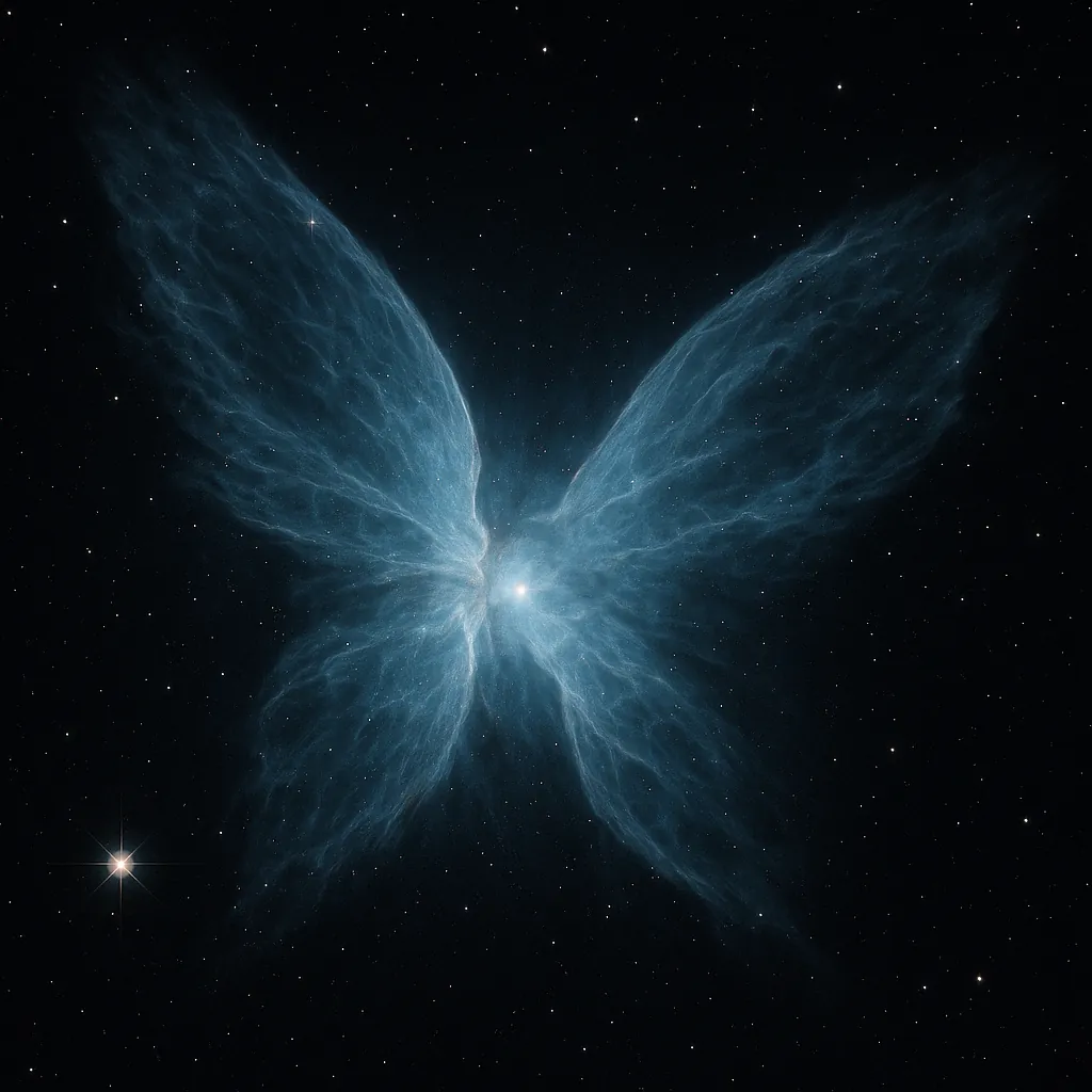 Discover a puzzle with a luminous, butterfly-shaped nebula set against the deep black of space.