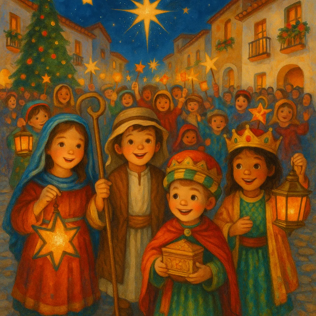 Discover a puzzle with a charming holiday procession scene filled with smiling children in nativity and Three Kings costumes, holding star lanterns and gifts as