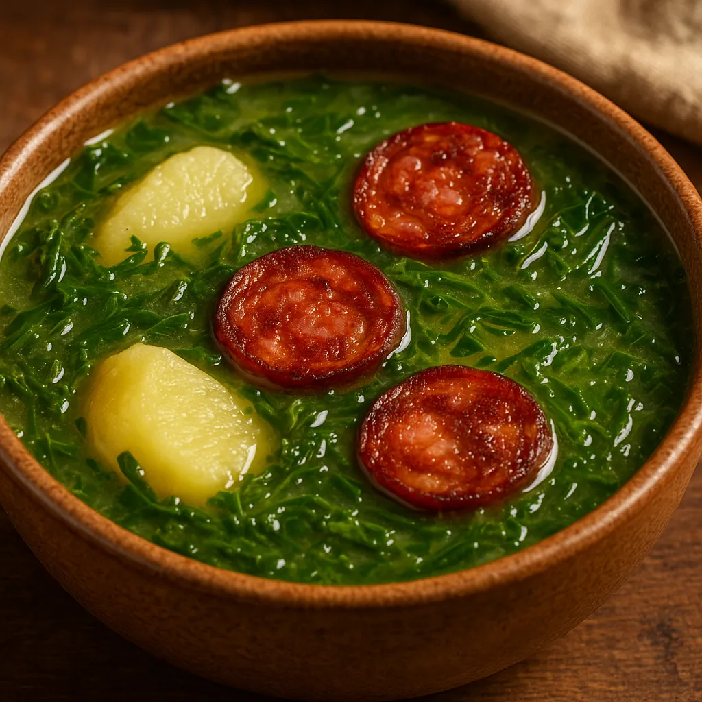 This online jigsaw puzzle features a cozy food scene perfect for browser play, showing a rustic bowl of green soup topped with potato chunks and browned sausage