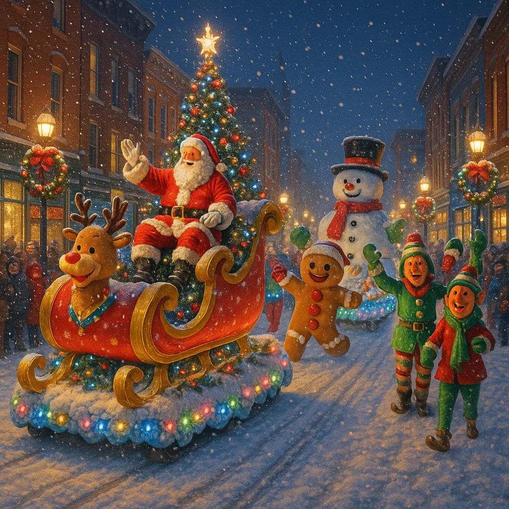Discover a puzzle with a festive holiday parade scene from PuzzleFree.Game, featuring Santa waving from a gilded sleigh pulled by a cheerful reindeer.