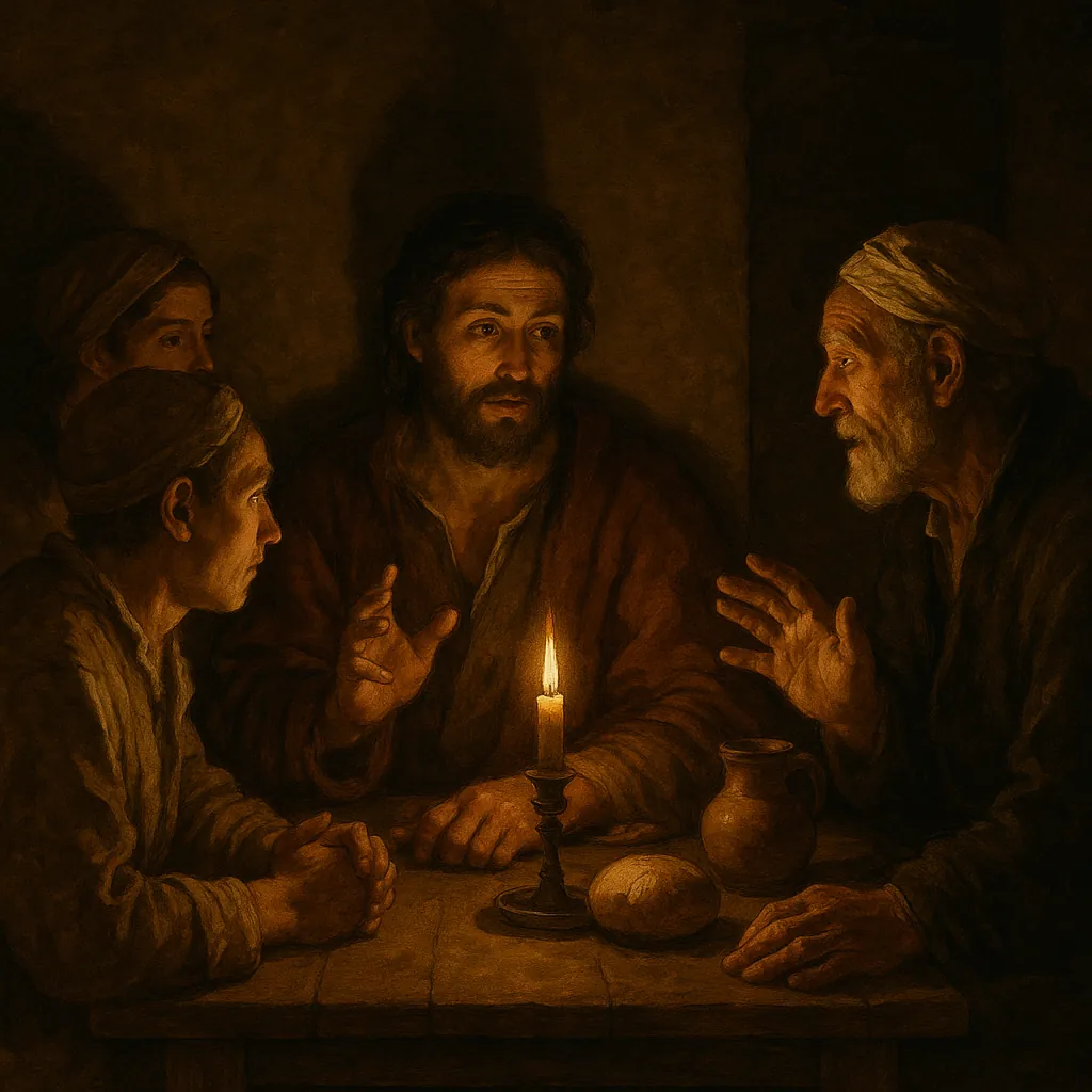 Discover a puzzle with a warm, candlelit gathering: four figures leaning around a small wooden table, their faces softly illuminated by a single glowing flame.
