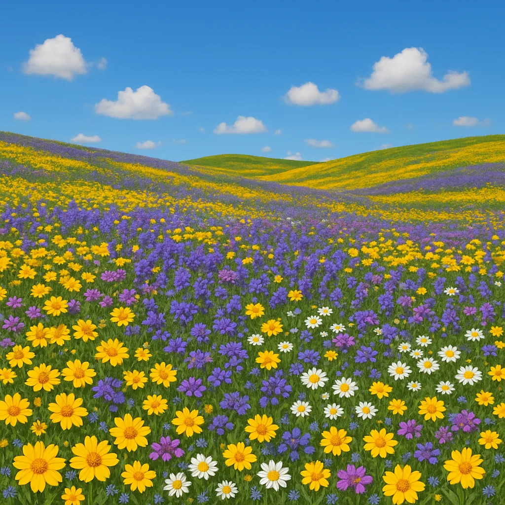 Discover a puzzle with a sunlit wildflower meadow stretching over gentle rolling hills under a bright blue sky dotted with fluffy white clouds.