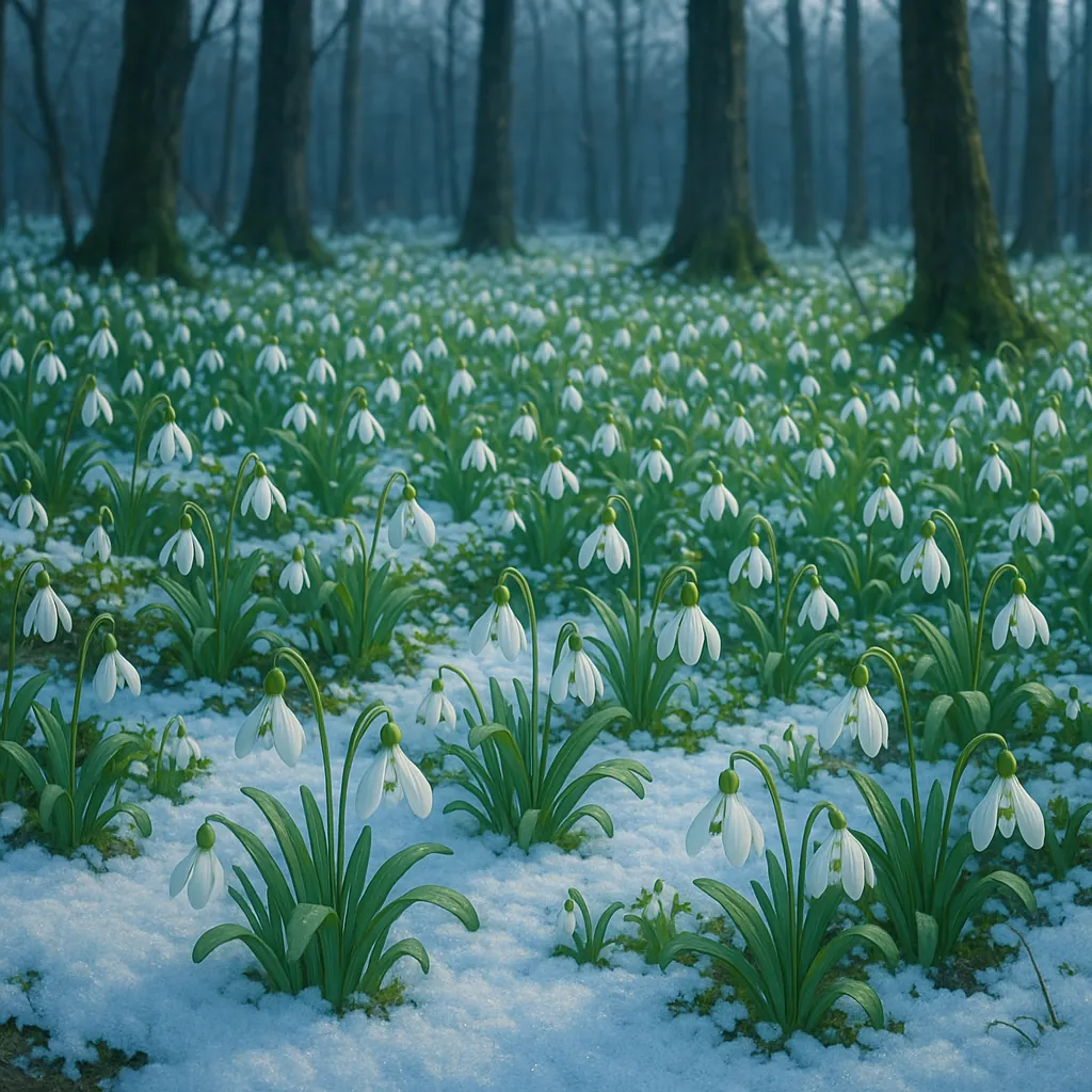 Discover a puzzle with a tranquil carpet of white snowdrops peeking through the last patches of snow in a misty woodland.