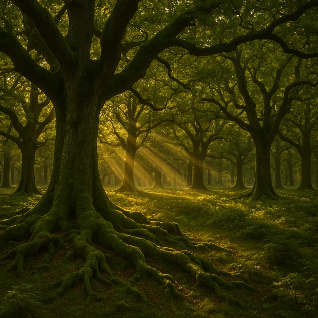 Enjoy assembling a puzzle depicting a mossy ancient oak grove bathed in warm golden sunbeams — deep greens and soft ambers weave through twisted roots, textured