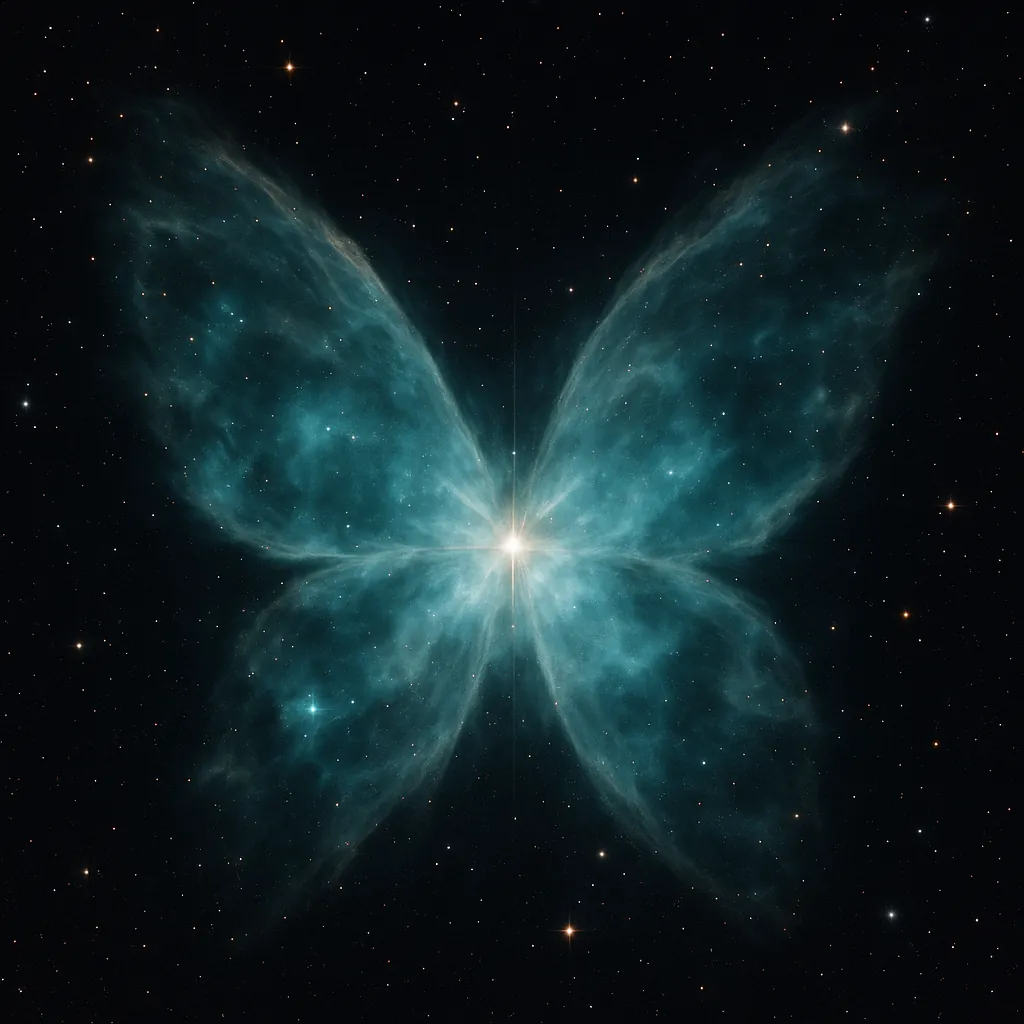 Discover a puzzle with a luminous butterfly-shaped nebula spreading teal-blue gas wings against a deep black starfield, dotted with tiny golden stars and soft g