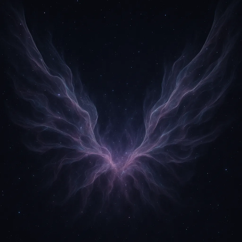Discover a puzzle with an ethereal cosmic nebula shaped like delicate wings, painted in deep navy, soft violets and whispery pinks against a star-speckled night