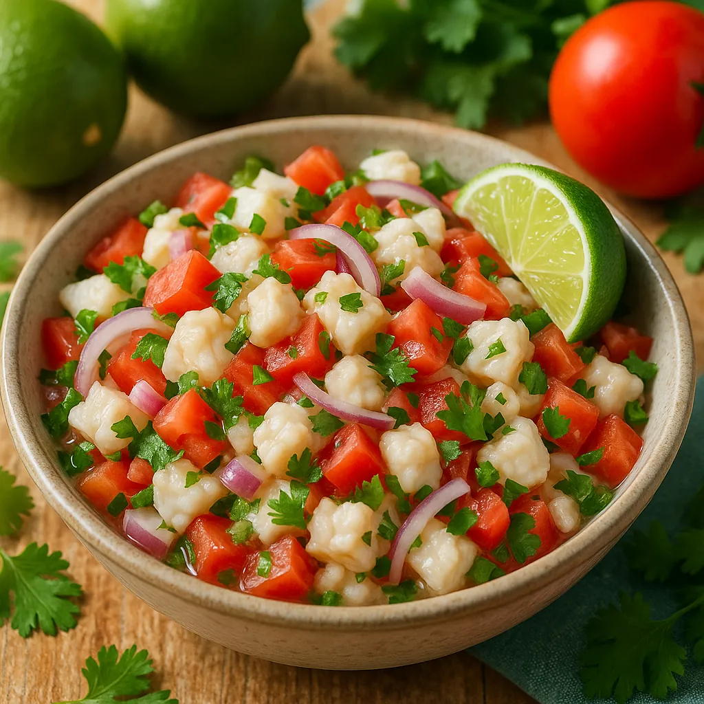 Discover a puzzle with a vibrant bowl of fresh ceviche—bright red tomato cubes, pale tender seafood pieces, thin slices of purple onion, and sprinklings of gree
