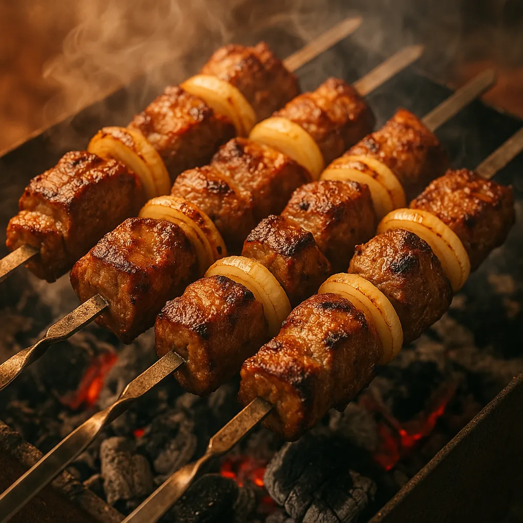 Discover a puzzle with sizzling grilled kebabs: close-up skewers of golden-brown meat cubes and caramelized onion slices roasting over glowing charcoal.