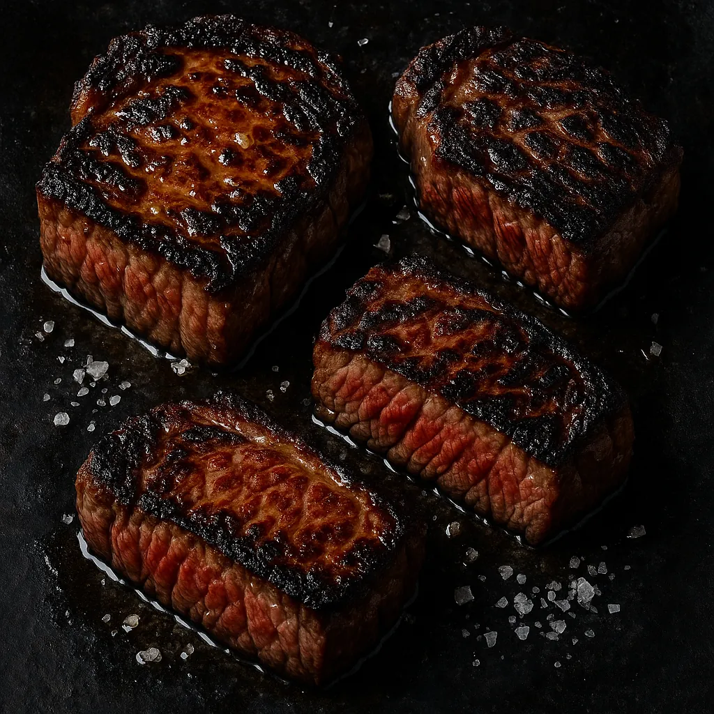 Discover a puzzle with four beautifully seared steak medallions glistening on a dark surface, their charred grill marks and rosy, juicy centers rendered in rich