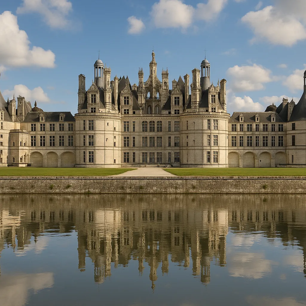 Discover a puzzle with an elegant riverside château mirrored perfectly in still water.