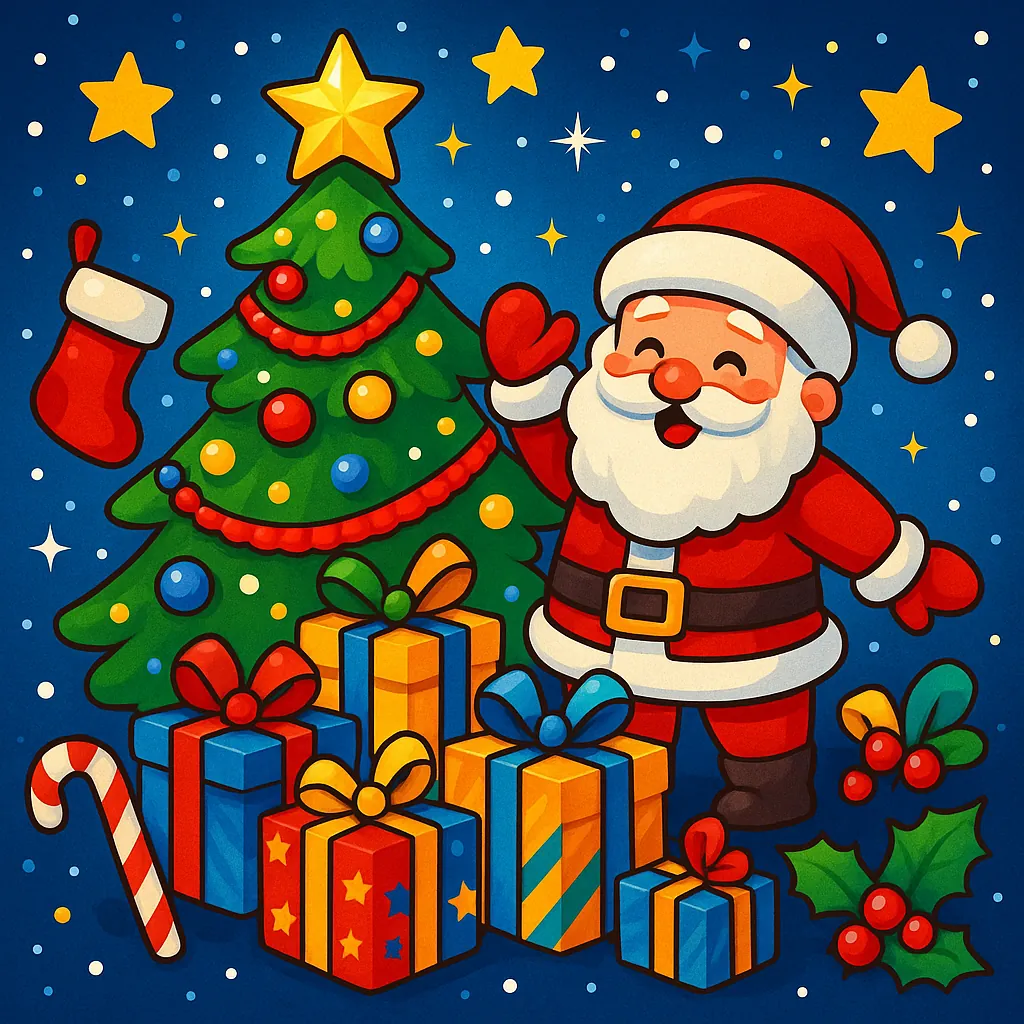 Enjoy an online jigsaw puzzle designed for browser play, featuring a cheerful Christmas scene with Santa, a decorated tree, and wrapped presents.