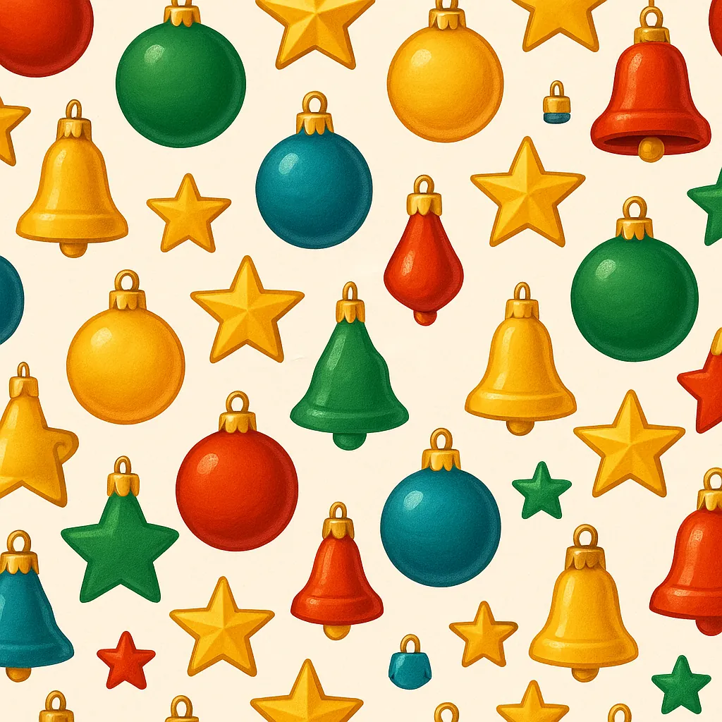 Enjoy an online jigsaw puzzle designed for browser play, featuring festive holiday ornaments and star shapes scattered across a warm backdrop.