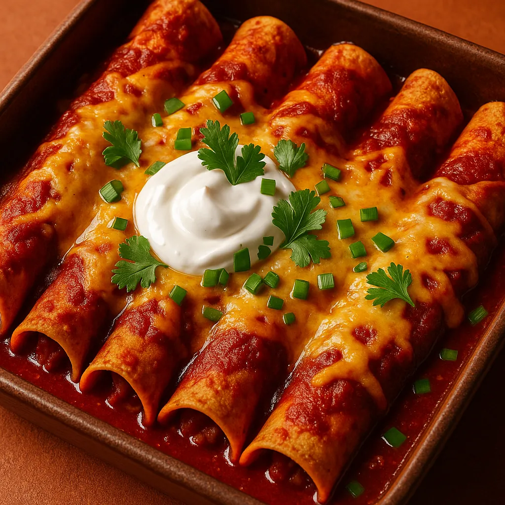 Enjoy assembling a puzzle depicting a close-up of five cheesy enchiladas baked golden in a rich red sauce, topped with a dollop of sour cream and scattered gree