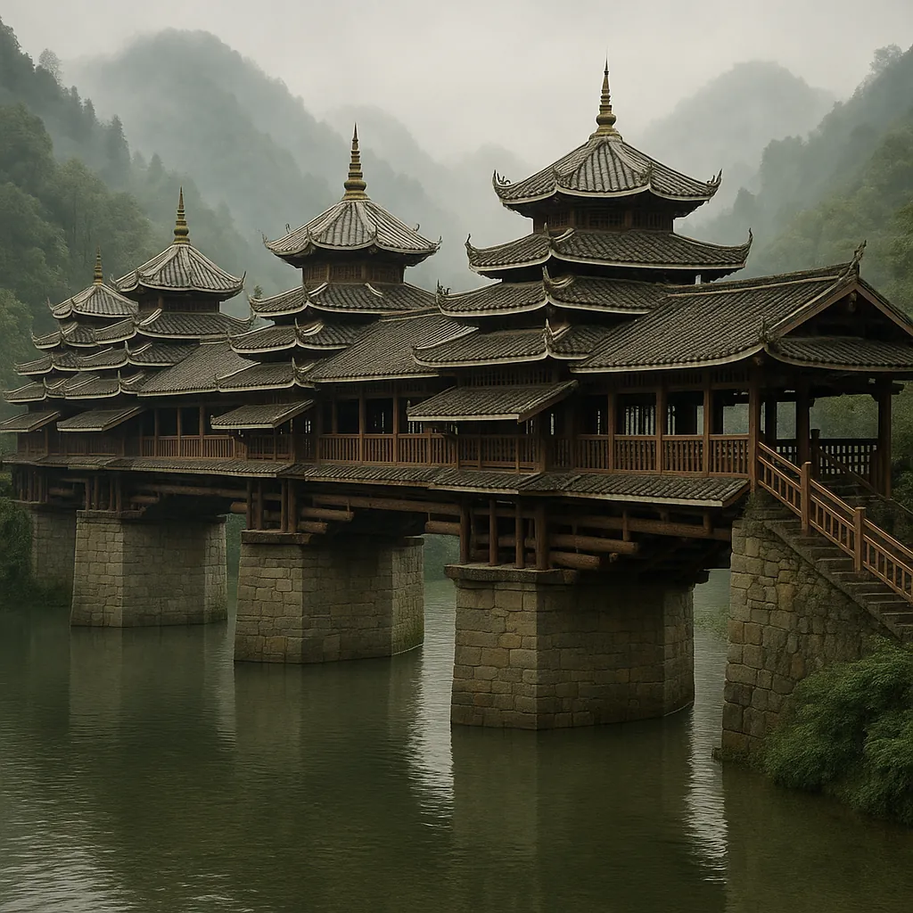 Enjoy assembling a puzzle depicting a graceful covered bridge with tiered pagoda roofs stretching over calm green water, set against misty, forested mountains.