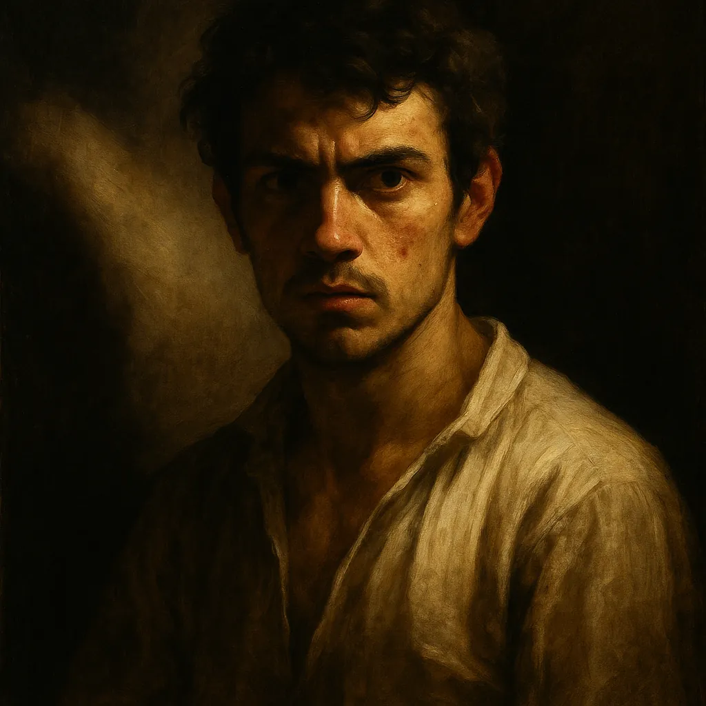 Discover a puzzle with a dramatic, classic oil portrait of a young man bathed in deep chiaroscuro — warm browns, muted ochres, and shadowed blacks create a mood