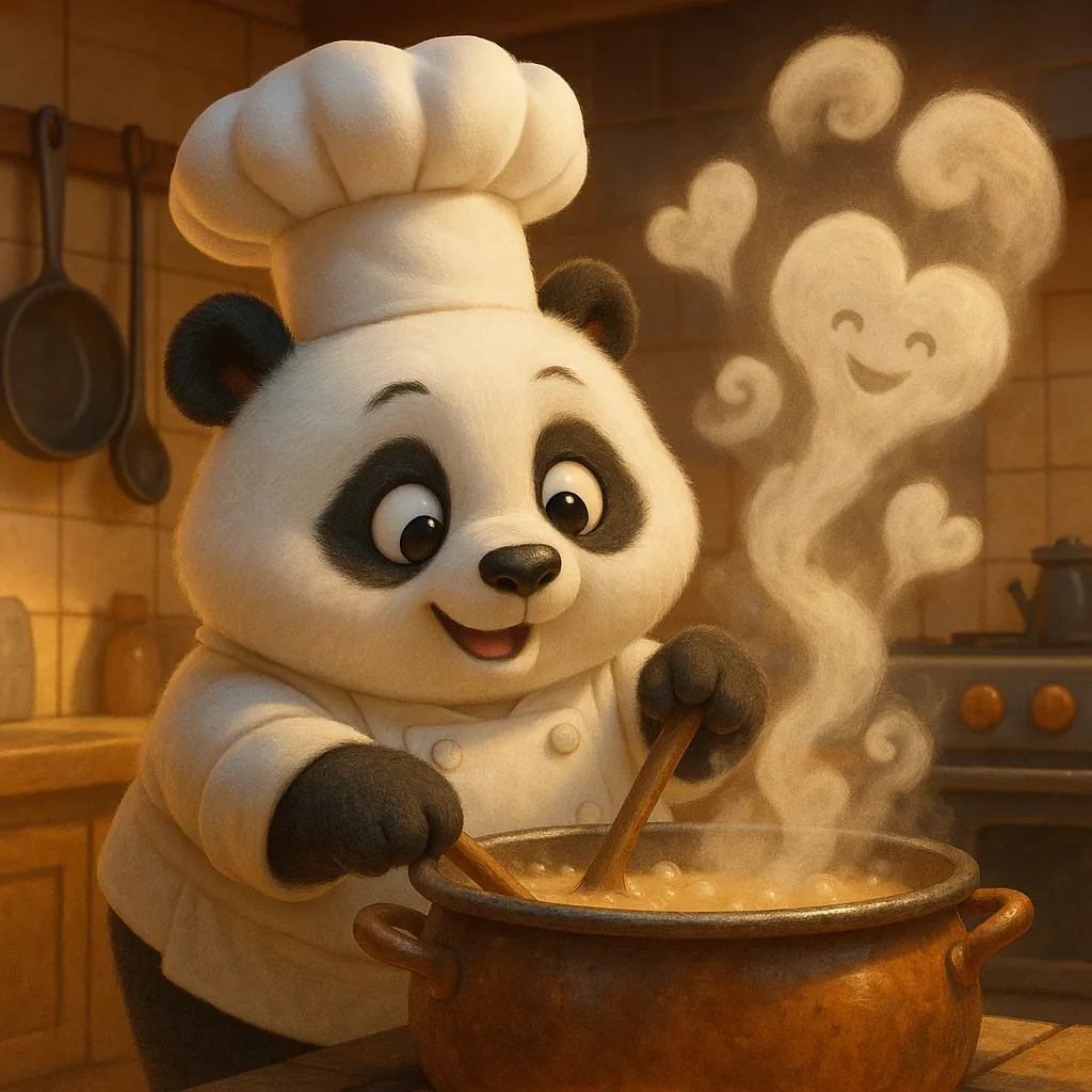Enjoy assembling a puzzle depicting an adorable panda chef stirring a bubbling pot in a cozy, warmly lit kitchen.