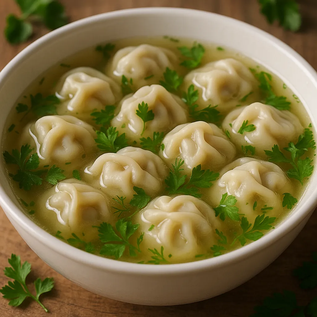 Enjoy assembling a puzzle depicting a steaming bowl of dumpling soup, with plump, pale dumplings bobbing in a clear golden broth and bright green parsley leaves