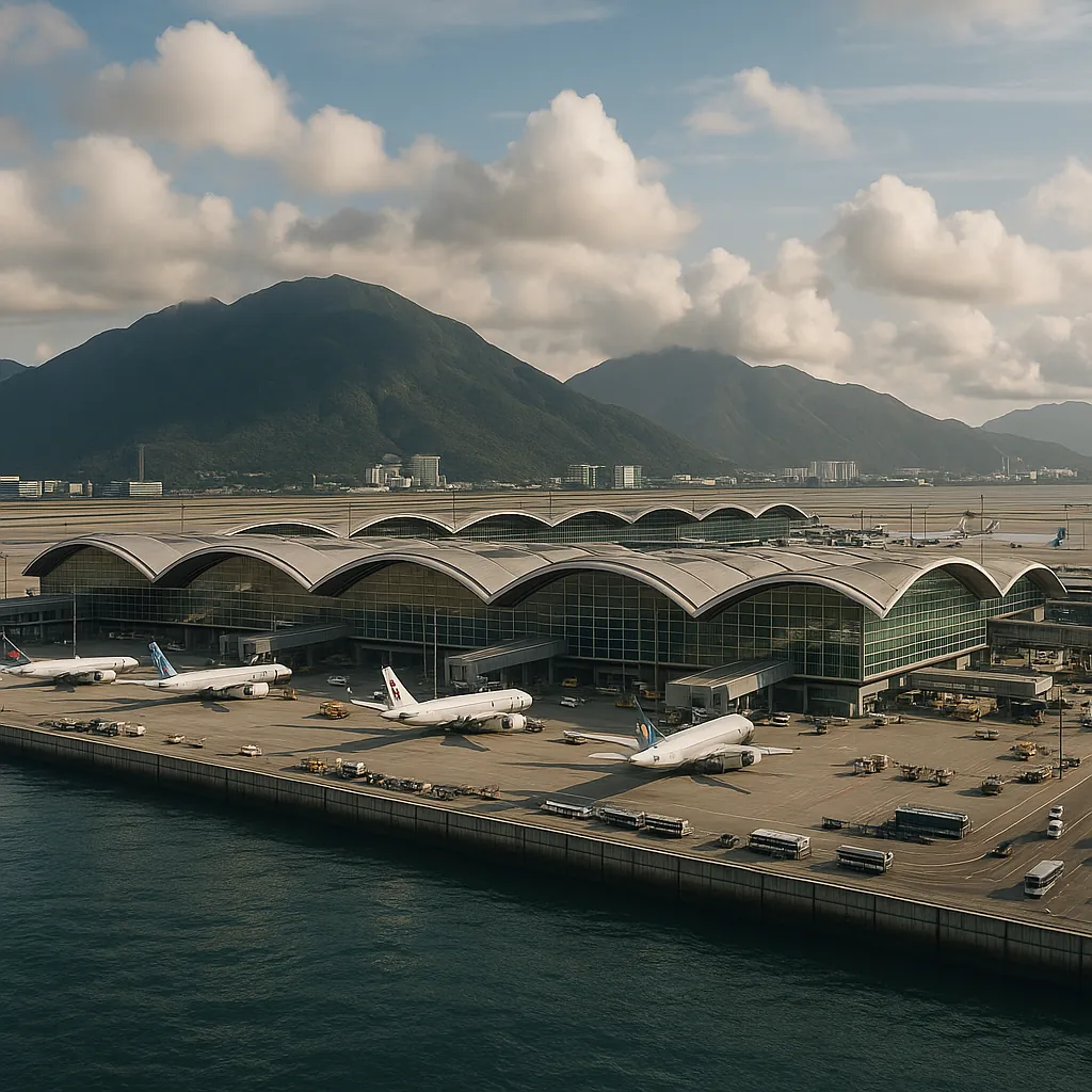 Discover a puzzle with a sweeping airport terminal framed by graceful arched roofs, parked airplanes, and a calm waterfront apron beneath a sky of soft clouds.