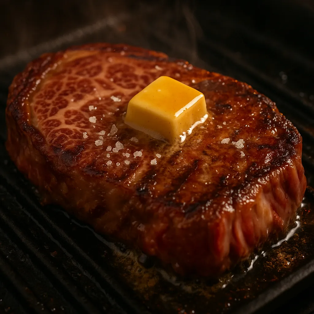 Discover a puzzle with a close-up of a perfectly seared steak topped with a melting pat of golden butter and sprinklings of coarse sea salt.