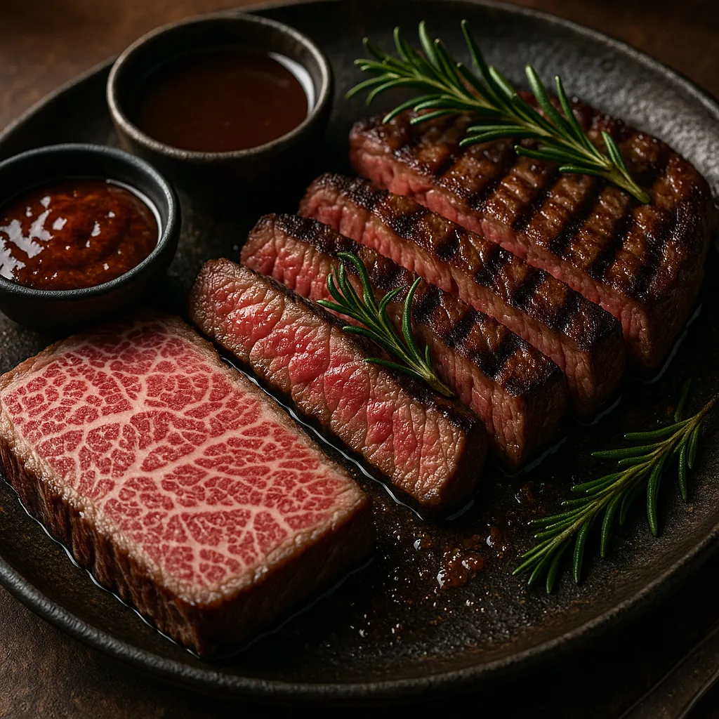 Discover a puzzle with a close-up of perfectly grilled steak and a beautifully marbled cut on a rustic plate, garnished with sprigs of rosemary and two dipping