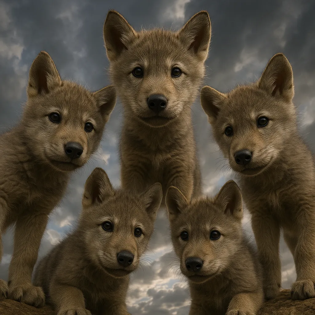 This online jigsaw puzzle features a charming scene of young wild canines set against a dramatic sky, perfect for animal- and nature-lovers to enjoy in the brow