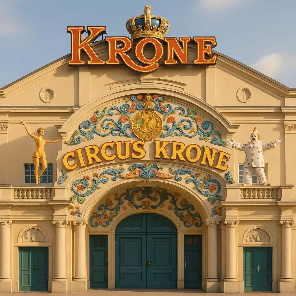 Enjoy assembling a puzzle depicting the ornate façade of a vintage circus theater, with bold "CIRCUS KRONE" lettering crowned by a regal sign and playful statue