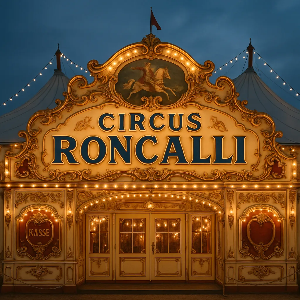 Enjoy assembling a puzzle depicting the ornate facade of a vintage circus entrance lit by warm golden bulbs against a dusky blue evening sky.