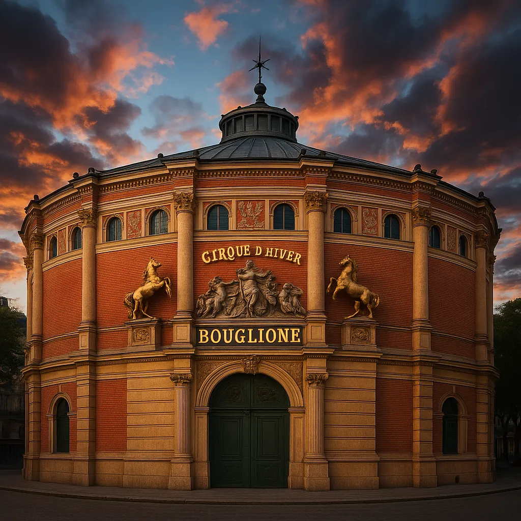 Discover a puzzle with a striking historic rotunda bathed in warm golden light — the ornate red-brick façade, classical columns, gilded horse sculptures, and th