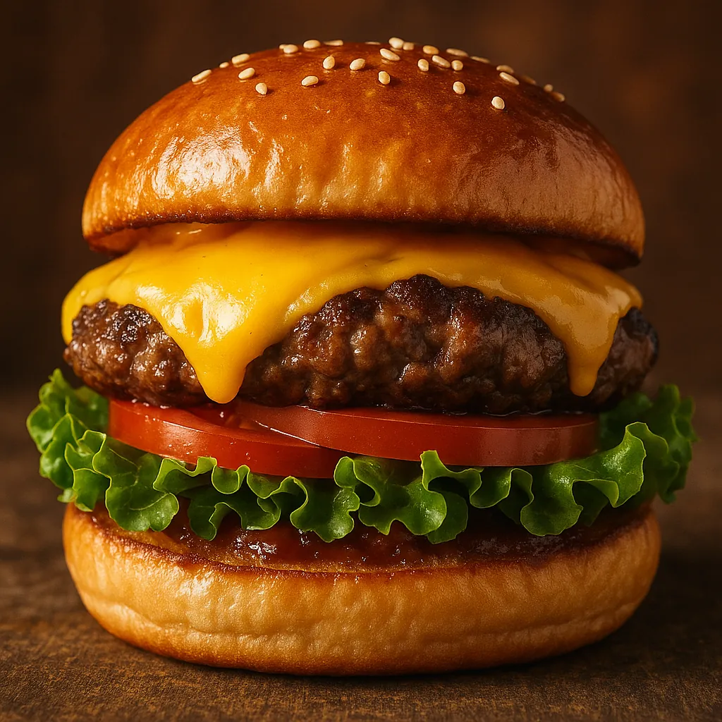 Enjoy assembling a puzzle depicting a perfectly styled cheeseburger with a glossy sesame bun, melting golden cheddar, a richly seared beef patty, crisp green le