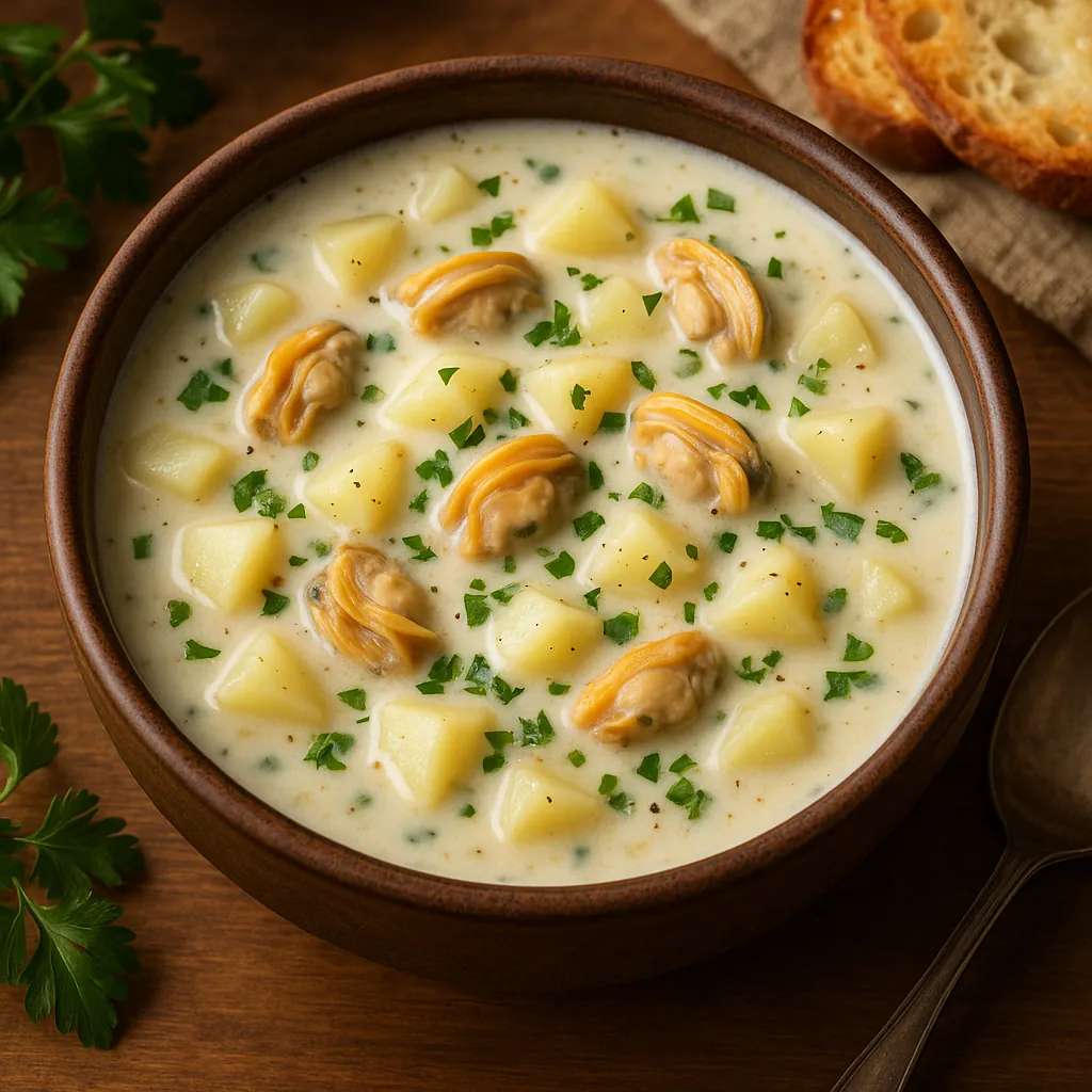 Discover a puzzle with a cozy bowl of creamy seafood chowder studded with golden mussels and tender potato cubes, sprinkled with bright green parsley against a