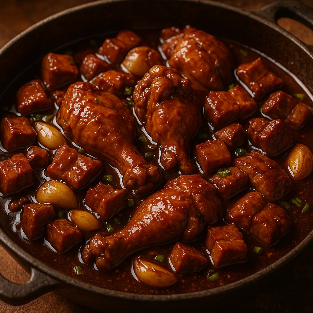 Enjoy assembling a puzzle depicting a rustic cast-iron skillet filled with glossy, caramel-brown stew: three glazed chicken drumsticks surrounded by bite-sized