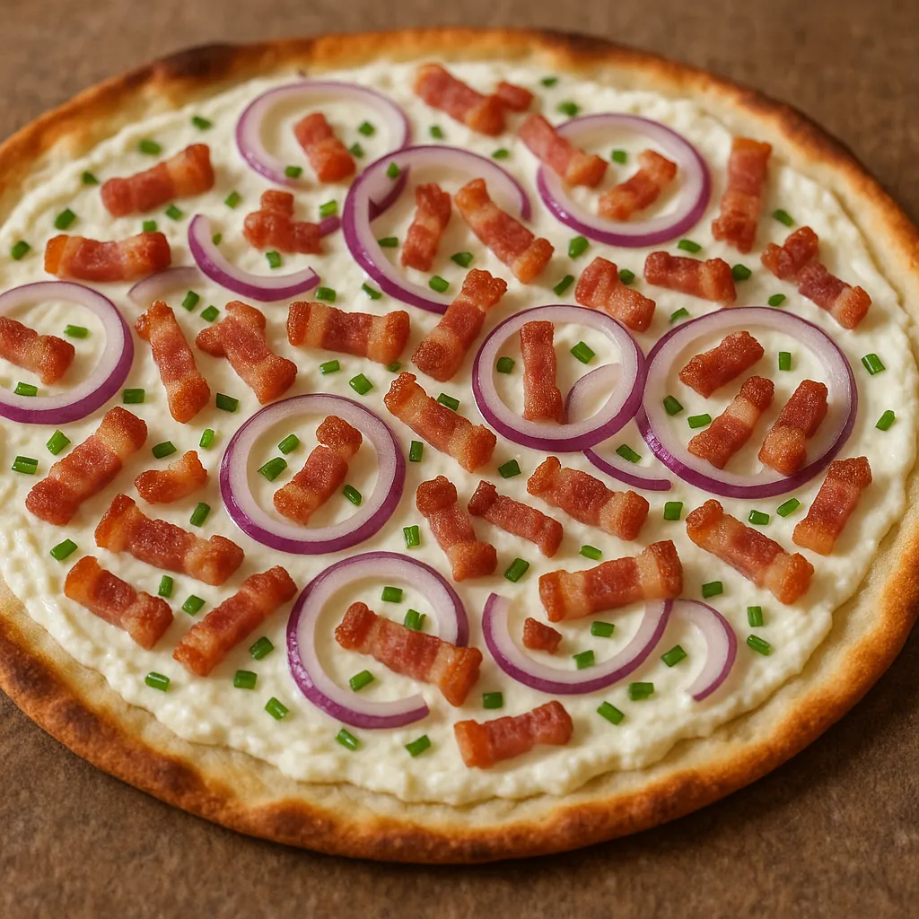 Try solving a puzzle that shows a delicious flatbread topped with creamy white cheese, crisp bacon bits, vibrant purple onion rings, and tiny green chive pieces