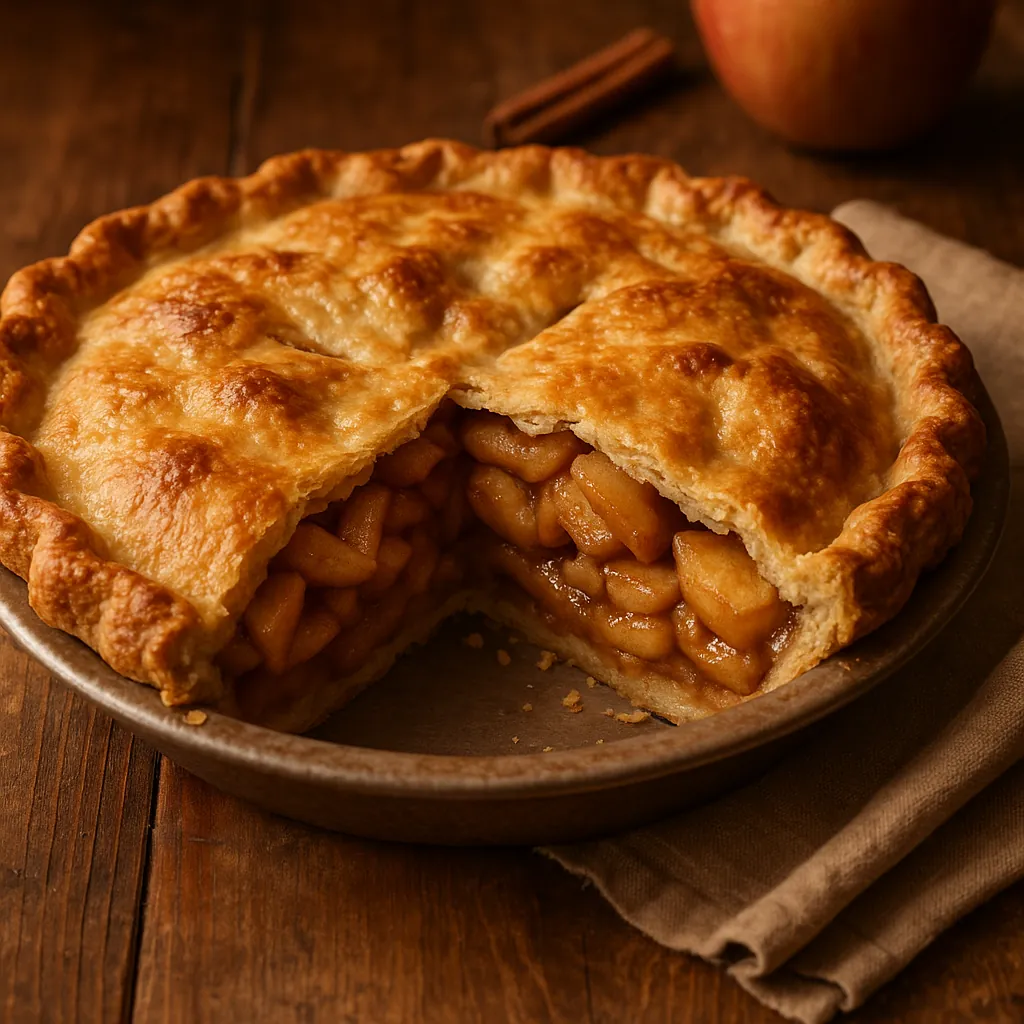 Discover a puzzle with a warm, golden-brown apple pie fresh from the oven, its flaky crust glowing against a rustic wooden table.