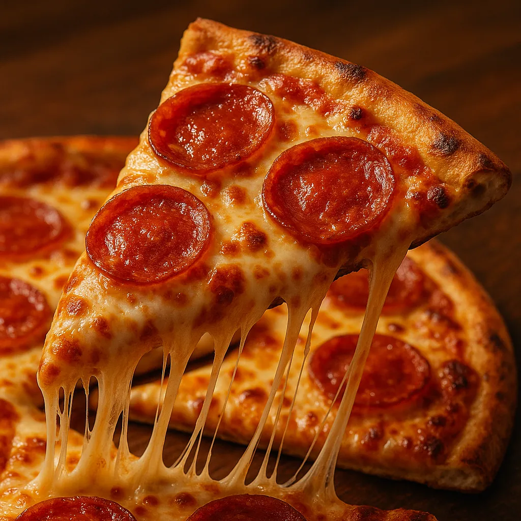 Enjoy assembling a puzzle depicting a close-up pepperoni pizza slice with golden-brown crust and long, gooey cheese pulls.