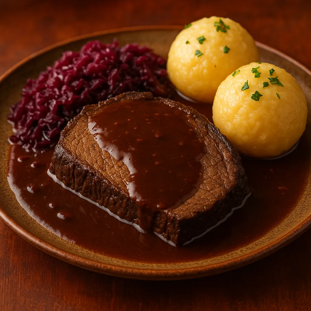 Enjoy assembling a puzzle depicting a cozy, rustic plate of braised beef in rich brown gravy, golden potato dumplings sprinkled with parsley, and a side of deep